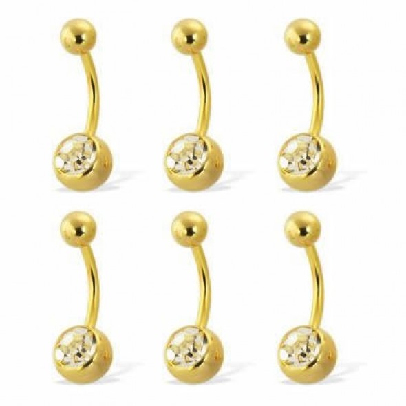 Gold Plated Belly Button Ring with Single Jeweled Ball