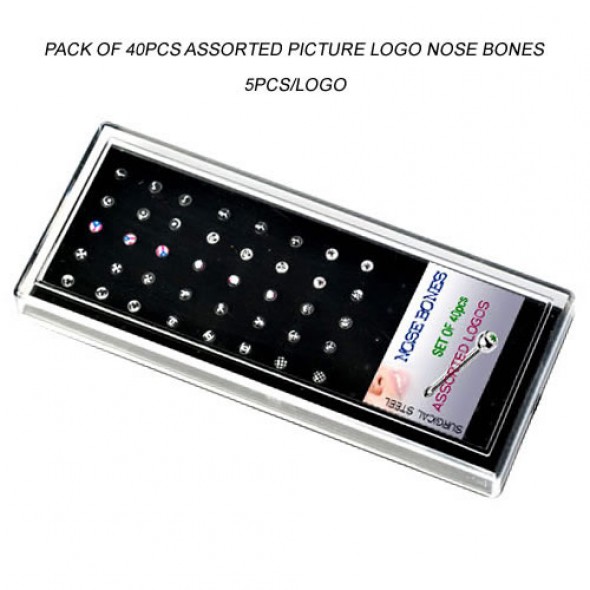 Acrylic Display Tray Pack of 40pcs Assorted Picture Logo Nose Bones