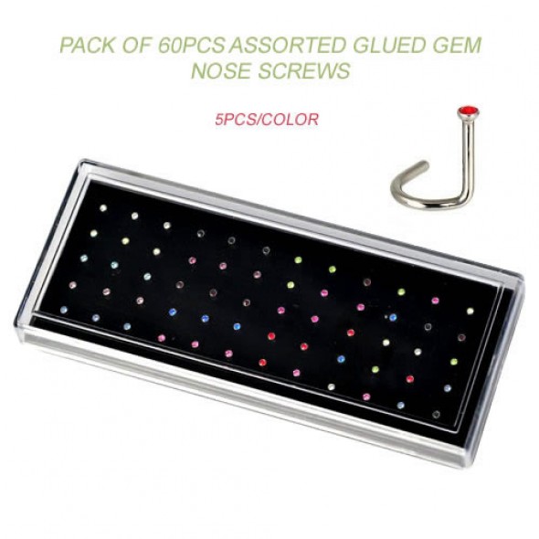 Acrylic Display Tray Pack of 60pcs Assorted Glued Gem Nose Screws
