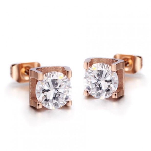 18K Rose Gold Plated Prong set CZ Stainless Steel Ear Studs