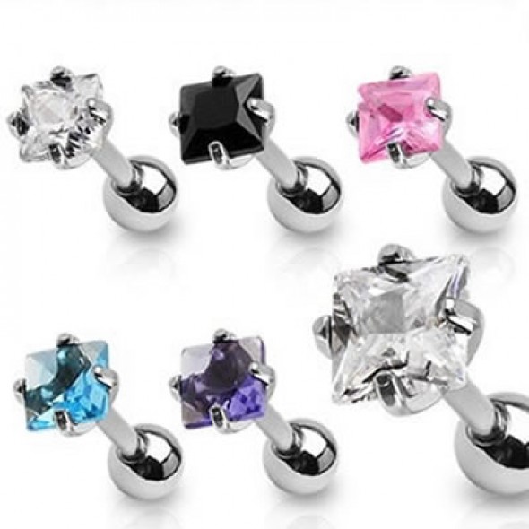 Prong Set Square Cubic Zirconia Tragus Cartilage Straight Barbells