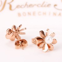 18K Rose Gold Plated Flower Pearl Ball Stainless Steel Ear Studs