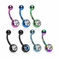 Titanium Anodized Over Surgical Steel Navel Belly Ring with Single Jeweled Ball