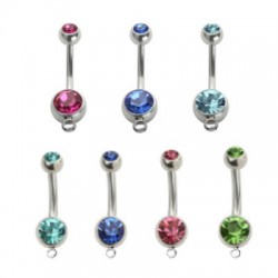 Double Jeweled Ball Surgical Steel Navel Belly Ring with Hoop