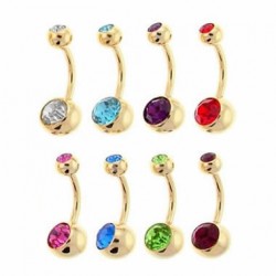 Gold Plated Belly Button Ring with Double Jeweled Balls